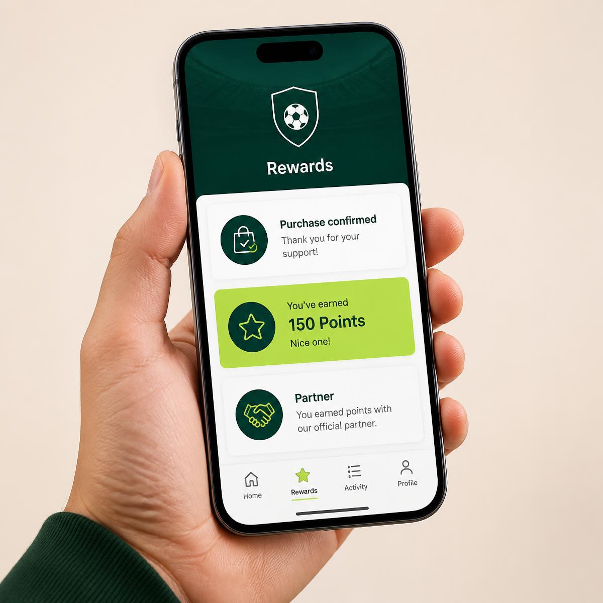 Club app showing an eligible partner purchase and the points automatically earned